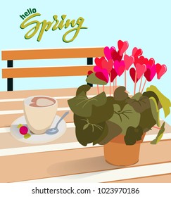 Lettering Hello spring A table in a cafe with a flower cyclamen in a pot and a cup of coffee with candy. Vector illustration for greeting cards and greetings with hearts