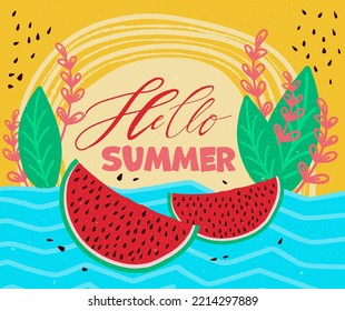 Lettering Hello Summer and bright beautiful watermelon background. Vector illustration. Cool design for brochures, banners, invitations, parties, social networks.