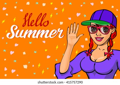 lettering Hello summer greeting card. girl waving welcome. girl in sunglasses. Happy child greeting. Cute cartoon laughing character in dress. Smiling woman. background Flat Vector illustration