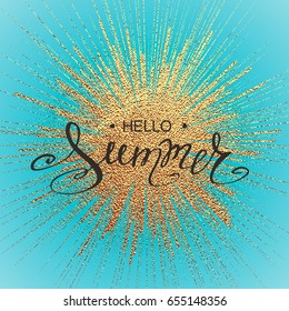 Lettering Hello Summer. Hand drawn calligraphy. Handwritten summer poster. Design element for seasonal banners,sale cards. Vector illustration