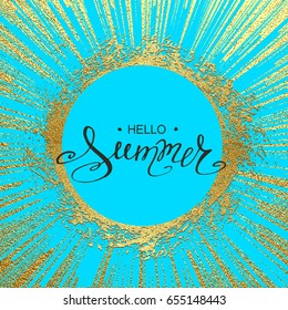 Lettering Hello Summer. Hand drawn calligraphy. Handwritten summer poster. Design element for seasonal banners,sale cards. Vector illustration