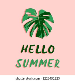 Lettering hello summer with leaves palm on pink background