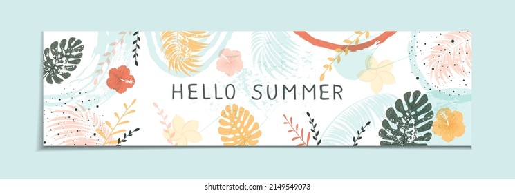 Hola verano sobre fondo de fondo abstracto. Cartel con hojas de colores, flores y plantas. La ilustración con elementos grunge se puede utilizar para el diseño de vacaciones, banners, tarjetas de felicitación.