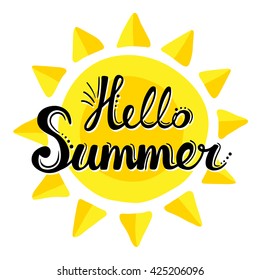 Lettering hello summer on the background of the sun. Vector hand drawn background. Cute summer illustration.
