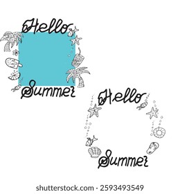 lettering hello summer palm and lemonade citrus shell calligraphy set frame vector Graphics doodle Hand drawn Illustration base for textile design tableware and printing