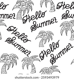 lettering hello summer palm tree and lemonade calligraphy composition vector graphics doodle hand drawn illustration base for textile design tableware and printing