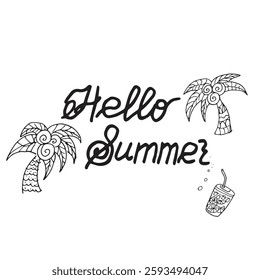 lettering hello summer palm tree and lemonade calligraphy composition vector graphics doodle hand drawn illustration base for textile design tableware and printing