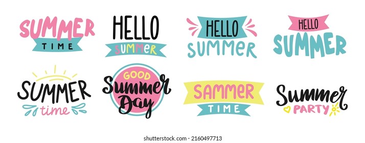 Lettering hello summer set  on a white background Summer banner postcard for printing on fabric paper decoration of products and packages