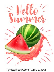 lettering hello summer. Watermelon vector print