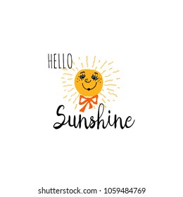 Lettering Hello sunshine with the smiling sun. Hand drawn vector design.
