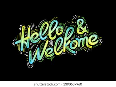 Lettering hello and welcome wrote by brush. Hello welcome calligraphy.

