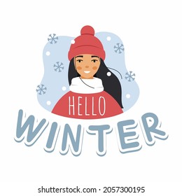 Lettering hello winter. Cute girl in hat and jacket. Snow and snowflakes. Vector illustration in cartoon style. Design  postcard.