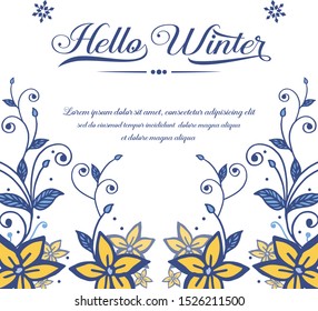 Lettering hello winter, with design element of yellow flower frame background. Vector