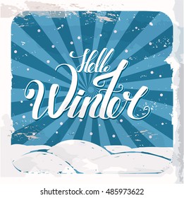 Lettering "Hello Winter". hand drawing font. Twisted inscription. Individual letters. Uppercase letters. Retro style. Blue background.
