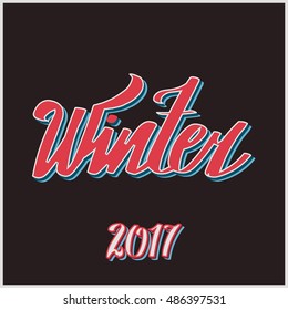 Lettering "Hello Winter". hand drawing font. Twisted inscription. Individual letters. Uppercase letters. Retro style. Brown background.