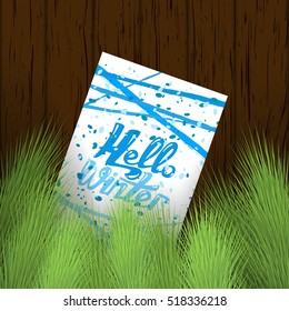 Lettering Hello winter. Vector illustration   of fir branches on dark wooden background