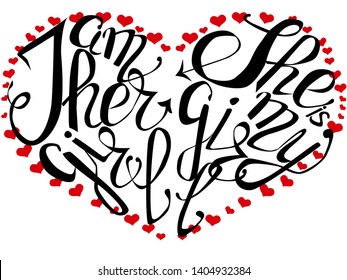 Lettering I'm her girl and She is my girl inscribed in the heart, double print, lesbians, gays, LGBT design, lgtb concept
