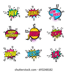 Lettering hey, bang, price, birthday, wow, lol, yes, oops. Set comics book balloon. Bubble icon speech phrase. Cartoon font label expression. Comic text sound effect Vector illustration
