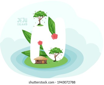 Lettering with highlighted letter n. Small island with house and tree. Layout of postcard of Jeju