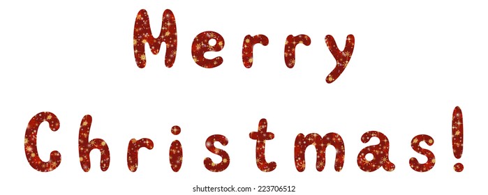 Lettering holiday festive greeting Merry Christmas, words with a red and yellow background with snowflakes and stars. Eps10, contains transparencies. Vector.