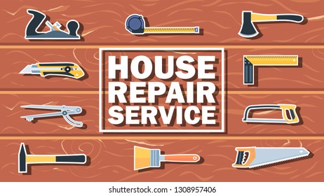 Lettering home repair service in white rectangular frame on wood texture and construction tools icons. Wide angle eps10 vector illustration