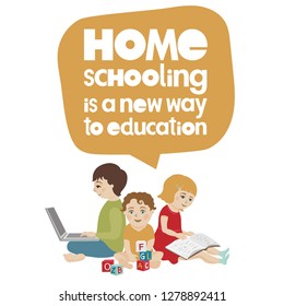 Lettering "home schooling" and the characters of the children