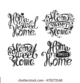 Lettering "Home sweet home". Hand drawing. Twisted inscription. Labels, inscription, set of lettering. Light background, black letters.