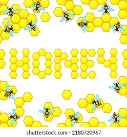 Lettering honey, bees and honeycombs, vector illustration, seamless pattern