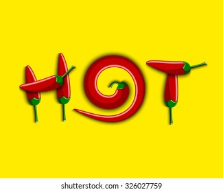 Lettering HOT composed from red chilli peppers placed on yellow background