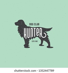 Lettering Hunter on cocker spaniel silhouette with stamp effect for logo, label, badge, emblem design. Vector illustration.