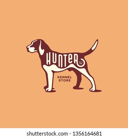 Lettering Hunter on foxhound dog for logo, label, badge, emblem design. Vector illustration.