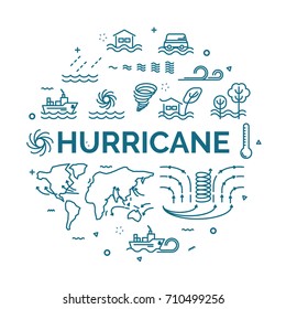 Lettering Of Hurricane Concept With Line Icons Set.