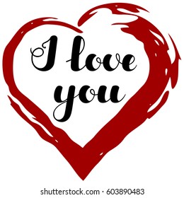 Lettering "I love you" in grunge frame heart shape in red color on a white background. Vector illustration for Valentine's Day. EPS10.