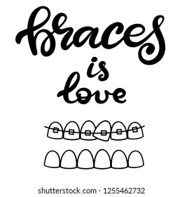 Lettering illustration about dental healthcare with the image of braces on teeth. EPS10. 
Vector image of the stages of orthodontic treatment for posters for dental clinic.