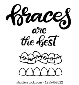 Lettering illustration about dental healthcare with the image of braces on teeth. EPS10. 
Vector image of the stages of orthodontic treatment for posters for dental clinic.