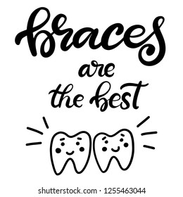 Lettering illustration about dental healthcare with the image of braces on teeth. EPS10. 
Vector image of the stages of orthodontic treatment for posters for dental clinic.