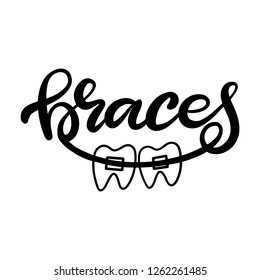 Lettering illustration about dental healthcare with the image of braces on teeth. EPS10. 
Vector image of the stages of orthodontic treatment for posters for dental clinic.