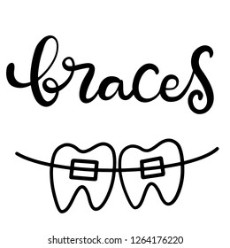 Lettering illustration about dental healthcare with the image of braces on teeth. EPS10. 
Vector image of the stages of orthodontic treatment for posters for dental clinic.