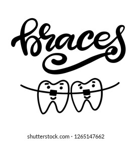 Lettering illustration about dental healthcare with the image of braces on teeth. EPS10. 
Vector image of the stages of orthodontic treatment for posters for dental clinic.