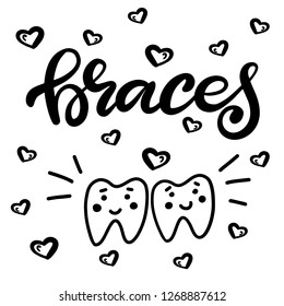 Lettering illustration about dental healthcare with the image of braces on smiling teeth in cartoon style. EPS10. 
Vector image of the stages of orthodontic treatment for posters for dental clinic.