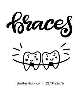 Lettering illustration about dental healthcare with the image of braces on smiling teeth in cartoon style. EPS10. 
Vector image of the stages of orthodontic treatment for posters for dental clinic.