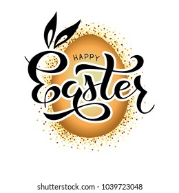 Lettering illustration Happy Easter text as logotype, badge and icon for drawn spring celebration card, invitation, poster, banner template. Seasons greetings and compliments. EPS 10