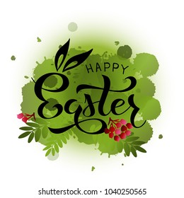 Lettering illustration Happy Easter text as logotype, badge and icon for drawn spring celebration card, invitation, poster, banner template. Seasons greetings and compliments. EPS 10