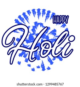 Lettering illustration for Indian Happy holi festival of colours. Vector EPS10 in calligraphy style with powder paint splash elements for logo, greeting card, banner, invitation design.