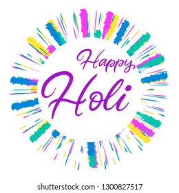 Lettering illustration for Indian Happy holi festival of colours. Vector EPS10 in calligraphy style with powder paint splash elements for logo, greeting card, banner, invitation design.