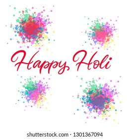Lettering illustration for Indian Happy holi festival of colours. Vector EPS10 in calligraphy style with powder paint splash elements for greeting card, banner, invitation design on white background