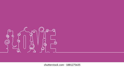 Lettering illustration with love word. Typography poster with abstract ornament of curls. Valentines day card template. Thin line style