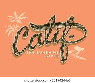 Lettering illustration with silhouettes of coconut trees and surfer.