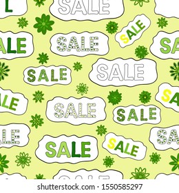 Lettering. Illustration in white, yellow and green colors. Sale sign design in modern style. Seamless. Vector illustration.