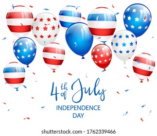 Lettering Independence day 4th of July with balloons and confetti on white background. Independence day Theme. Illustration can be used for holiday design, cards, posters, banners.